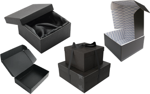 black cardboard boxes
